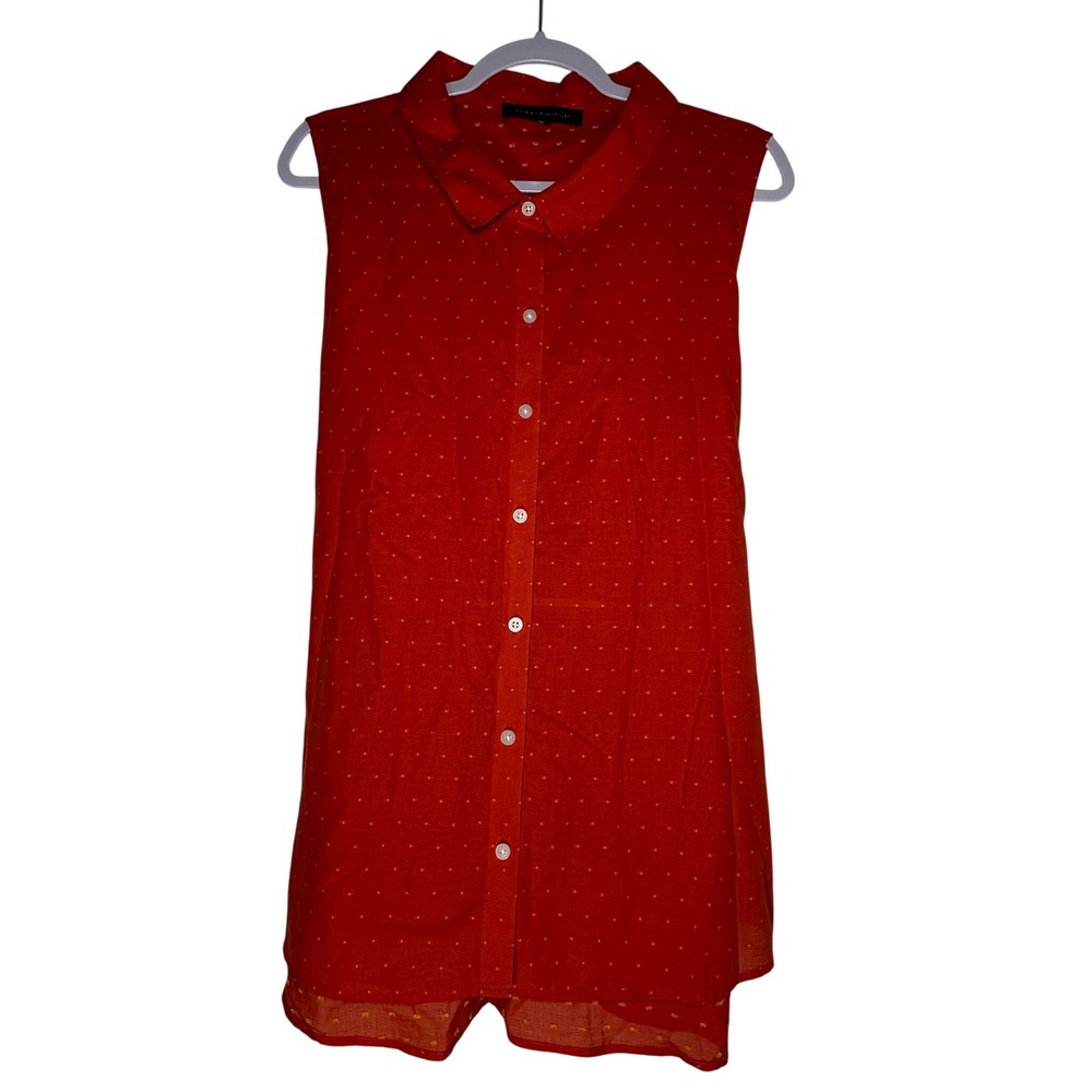 Tommy Hilfiger Orange Yellow Clip Dot Sleeveless Tie Back Button Down Shirt